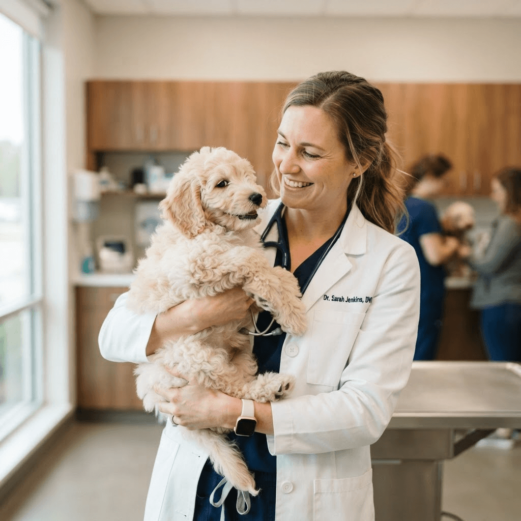 A veterinarian holding a healthy, happy puppy